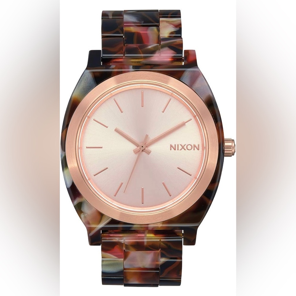 NIXON Time Teller Acetate Watch in Rose Gold/Pink Tortoise.